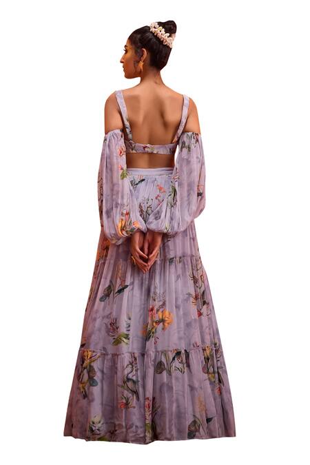 Shop_Kalista_Purple Viscose Sophia Forest Bloom Print Cold Shoulder Blouse With Skirt _Online_at_Aza_Fashions