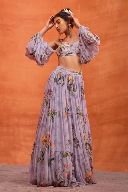 Buy_Kalista_Purple Viscose Sophia Forest Bloom Print Cold Shoulder Blouse With Skirt 