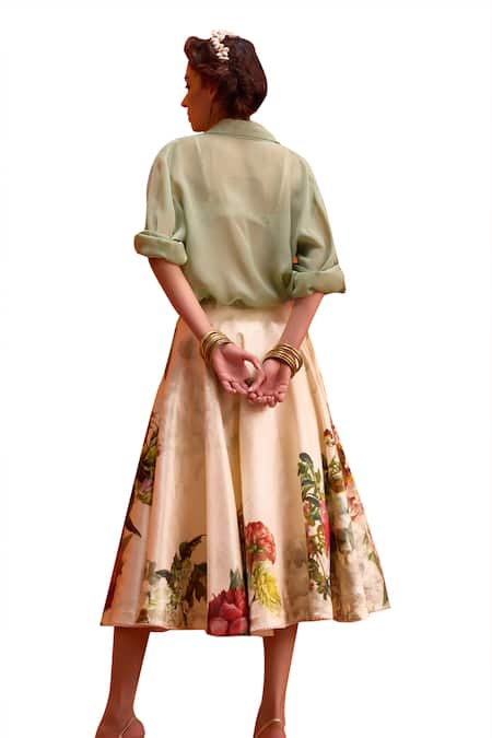Kalista_Green Viscose Collared Melinda Gardenia Print Shirt Skirt Set _at_Aza_Fashions