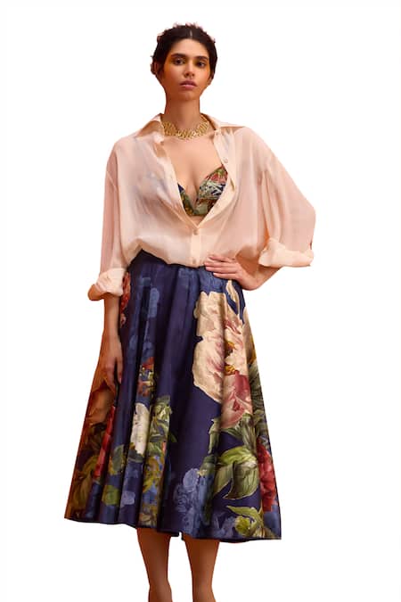 Shop_Kalista_Ivory Viscose, Organza Collared Melinda Gardenia Bloom Print Shirt Skirt Set _Online_at_Aza_Fashions