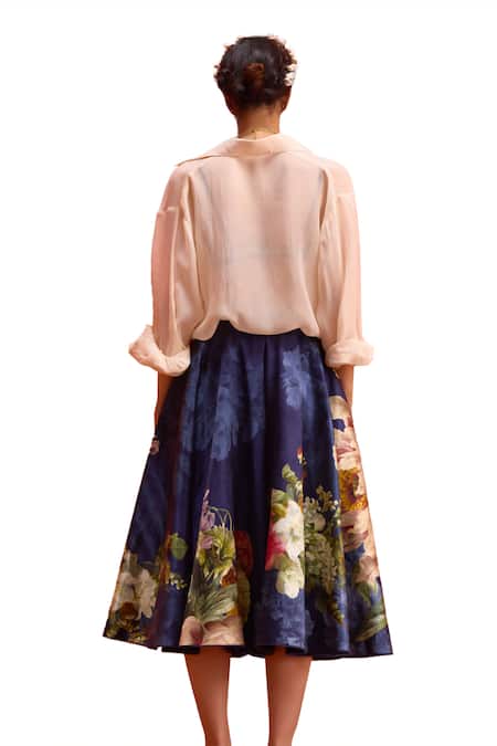 Buy_Kalista_Ivory Viscose, Organza Collared Melinda Gardenia Bloom Print Shirt Skirt Set 