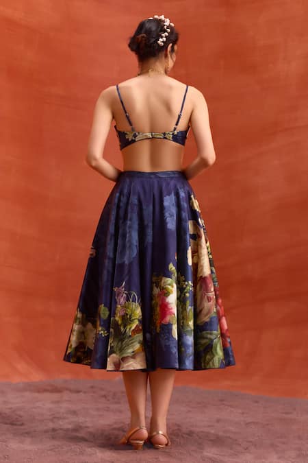 Shop_Kalista_Ivory Viscose, Organza Collared Melinda Gardenia Bloom Print Shirt Skirt Set 