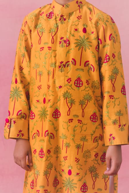 Buy Chotibuti Yellow Chanderi, Cotton Palm Garden Print Kurta With Pyjama  Buy_Chotibuti_Yellow Chanderi, Cotton Palm Garden Print Kurta With Pyjama