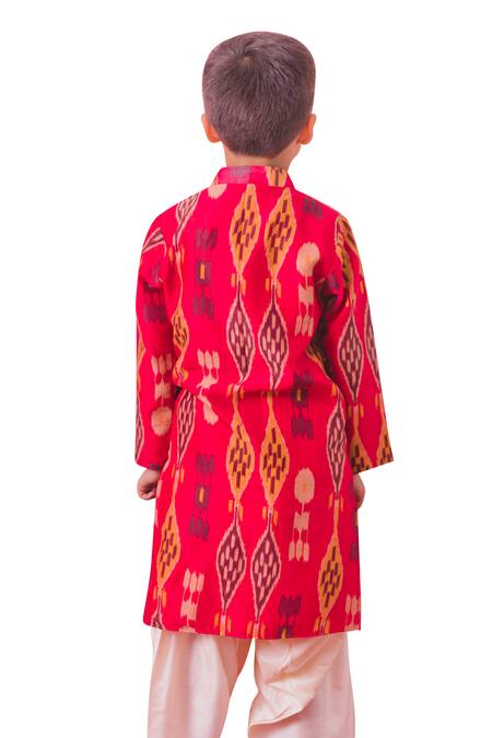 Chotibuti_Red Cotton, Silk Ikat Pattern Kurta With Salwar _Online_at_Aza_Fashions