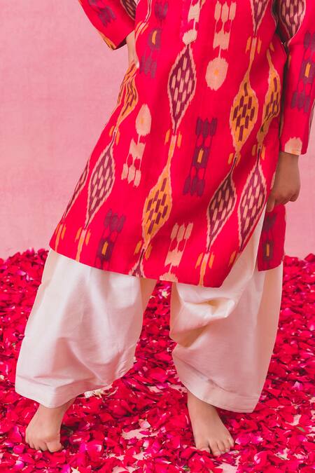 Shop_Chotibuti_Red Cotton, Silk Ikat Pattern Kurta With Salwar _Online_at_Aza_Fashions