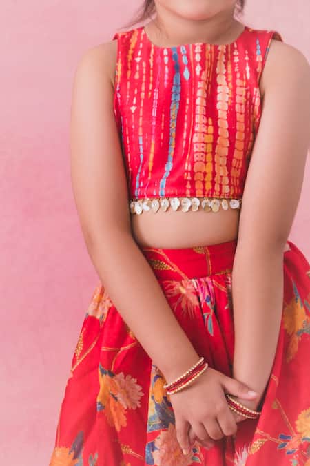 Chotibuti_Red Chanderi Chains Gulaab Blossom Print Lehenga Set _Online_at_Aza_Fashions