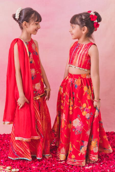 Buy_Chotibuti_Red Chanderi Chains Gulaab Blossom Print Lehenga Set _Online_at_Aza_Fashions