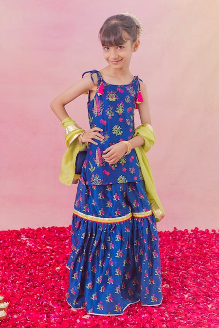 Buy Blue Chanderi Print Floral Kurta Sharara Set For Girls by Chotibuti ...