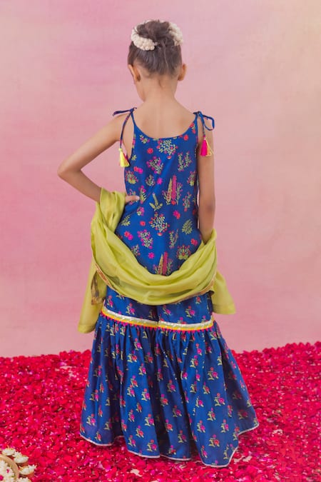 Shop_Chotibuti_Blue Chanderi, Cotton Tassels, Lace, Gota Patti Floral Print Kurta Sharara Set _at_Aza_Fashions