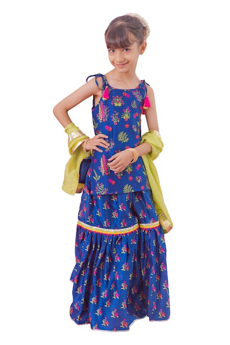 Chotibuti_Blue Chanderi, Cotton Tassels, Lace, Gota Patti Floral Print Kurta Sharara Set _Online_at_Aza_Fashions