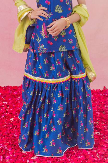 Buy_Chotibuti_Blue Chanderi, Cotton Tassels, Lace, Gota Patti Floral Print Kurta Sharara Set _Online_at_Aza_Fashions