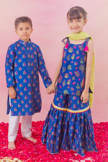 Shop_Chotibuti_Blue Chanderi, Cotton Tassels, Lace, Gota Patti Floral Print Kurta Sharara Set _Online_at_Aza_Fashions