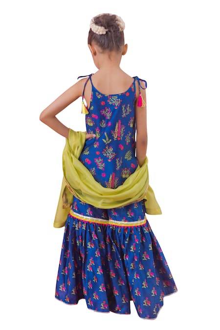 Buy_Chotibuti_Blue Chanderi, Cotton Tassels, Lace, Gota Patti Floral Print Kurta Sharara Set 