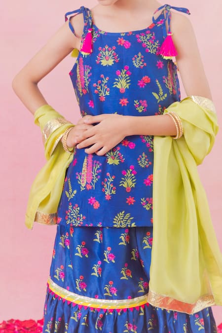 Shop_Chotibuti_Blue Chanderi, Cotton Tassels, Lace, Gota Patti Floral Print Kurta Sharara Set 
