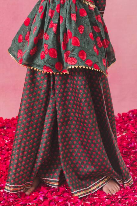 Chotibuti_Green Chanderi Gota Patti Gulaab Garden Print Peplum Top With Sharara _Online_at_Aza_Fashions