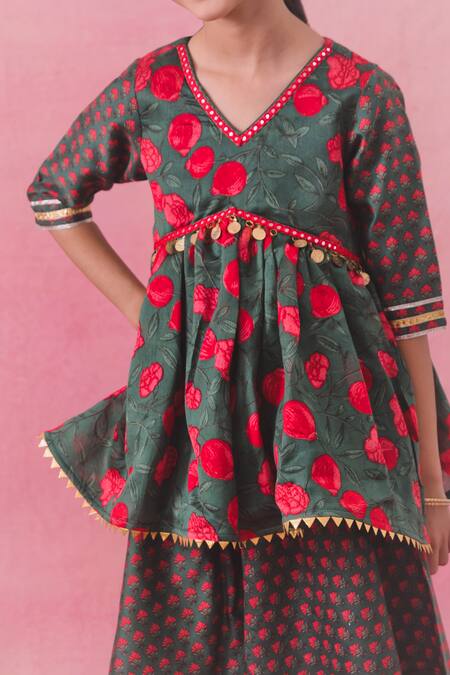 Shop_Chotibuti_Green Chanderi Gota Patti Gulaab Garden Print Peplum Top With Sharara _Online_at_Aza_Fashions