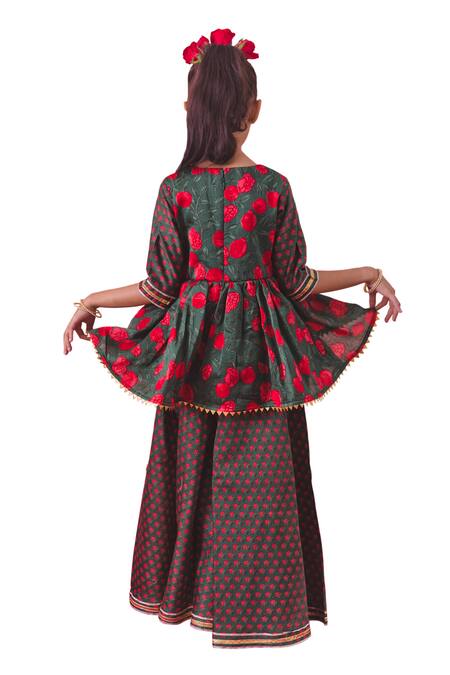 Chotibuti_Green Chanderi Gota Patti Gulaab Garden Print Peplum Top With Sharara _at_Aza_Fashions