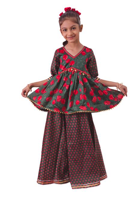 Buy_Chotibuti_Green Chanderi Gota Patti Gulaab Garden Print Peplum Top With Sharara 