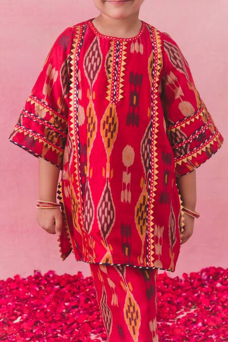 Chotibuti Red Chanderi Mirrors Ikat Pattern Work Kurta With Salwar at Aza Fashions Chotibuti_Red Chanderi Mirrors Ikat Pattern Work Kurta With Salwar _at_Aza_Fashions