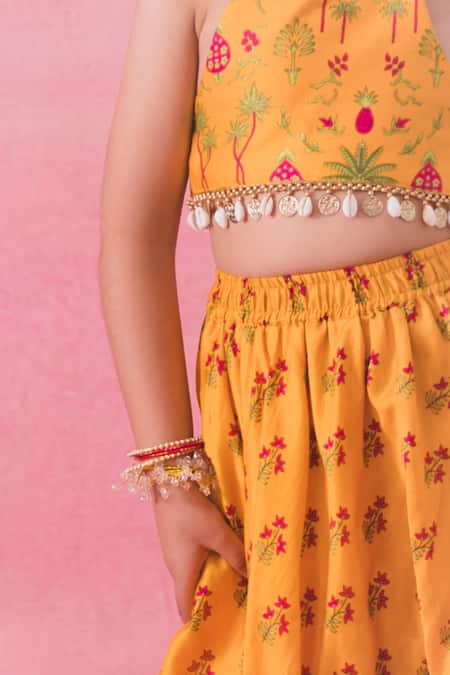 Shop Chotibuti Yellow Chanderi, Linen Metallic Thread, Palm Garden Bloom Print Lehenga Set Online at Aza Fashions Shop_Chotibuti_Yellow Chanderi, Linen Metallic Thread, Palm Garden Bloom Print Lehenga Set _Online_at_Aza_Fashions