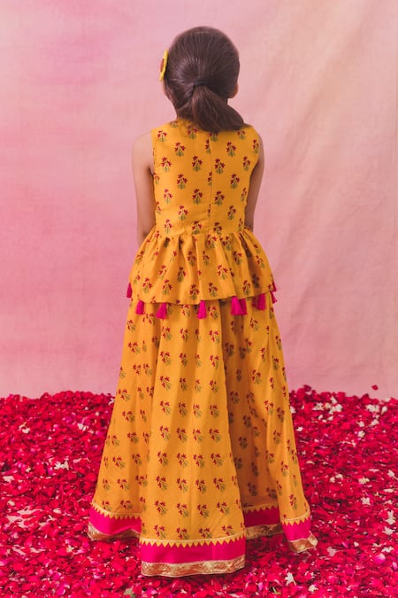 Shop Chotibuti Yellow Chanderi, Linen Tassels Wildbloom Garden Print Peplum Top With Sharara at Aza Fashions Shop_Chotibuti_Yellow Chanderi, Linen Tassels Wildbloom Garden Print Peplum Top With Sharara _at_Aza_Fashions