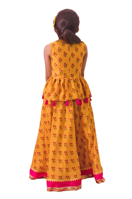 Shop Chotibuti Yellow Chanderi, Linen Tassels Wildbloom Garden Print Peplum Top With Sharara Online at Aza Fashions Shop_Chotibuti_Yellow Chanderi, Linen Tassels Wildbloom Garden Print Peplum Top With Sharara _Online_at_Aza_Fashions