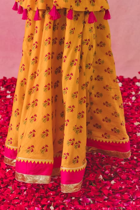 Chotibuti Yellow Chanderi, Linen Tassels Wildbloom Garden Print Peplum Top With Sharara at Aza Fashions Chotibuti_Yellow Chanderi, Linen Tassels Wildbloom Garden Print Peplum Top With Sharara _at_Aza_Fashions