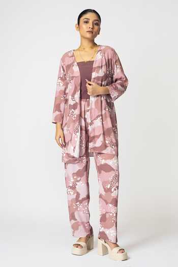 Shop Klad Pink Crepe Printed Dots Jacket Open Neck And Abstract Pant Set Online at Aza Fashions Shop_Klad_Pink Crepe Printed Dots Jacket Open Neck And Abstract Pant Set_Online_at_Aza_Fashions