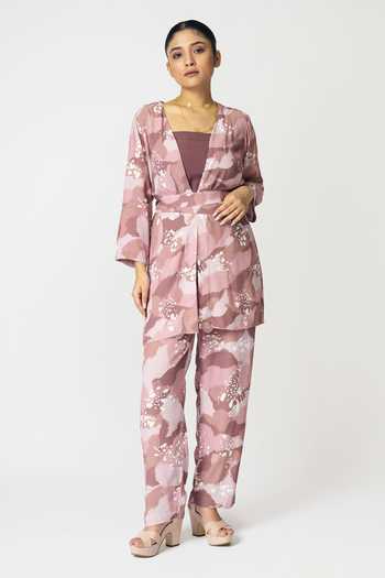 Buy Klad Pink Crepe Printed Dots Jacket Open Neck And Abstract Pant Set Buy_Klad_Pink Crepe Printed Dots Jacket Open Neck And Abstract Pant Set