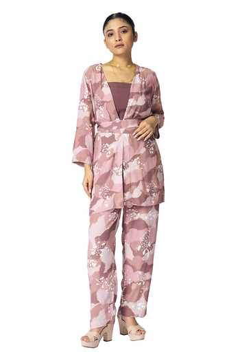 Shop Klad Pink Crepe Printed Dots Jacket Open Neck And Abstract Pant Set Shop_Klad_Pink Crepe Printed Dots Jacket Open Neck And Abstract Pant Set