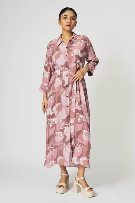 KLAD Pink Crepe Printed Dots Collar And Abstract Dress With Belt 