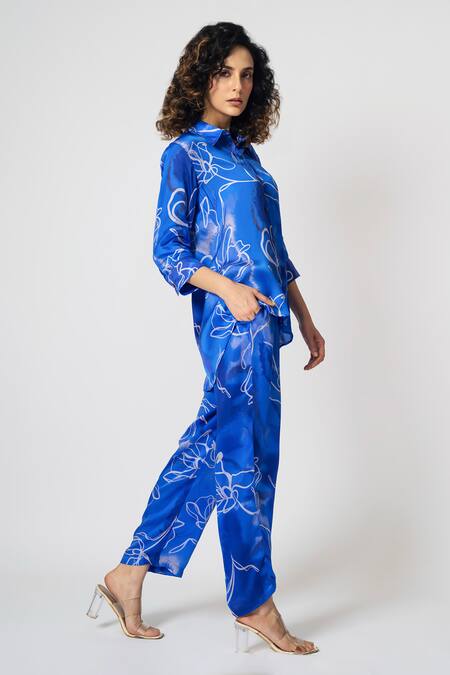 Klad_Blue Cotton Satin Printed Marble Collar Shirt And Pant Set_Online_at_Aza_Fashions