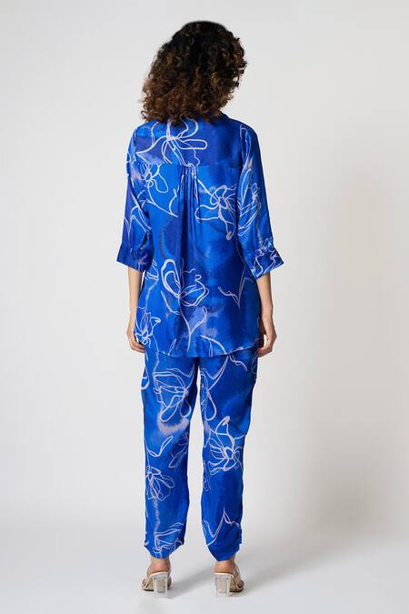 Shop_Klad_Blue Cotton Satin Printed Marble Collar Shirt And Pant Set_at_Aza_Fashions