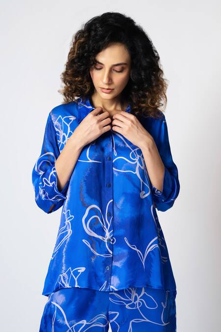 Buy_Klad_Blue Cotton Satin Printed Marble Collar Shirt And Pant Set_Online_at_Aza_Fashions