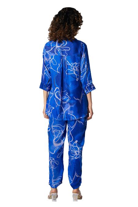 Shop_Klad_Blue Cotton Satin Printed Marble Collar Shirt And Pant Set_Online_at_Aza_Fashions