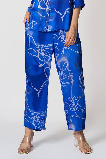 Klad_Blue Cotton Satin Printed Marble Collar Shirt And Pant Set_at_Aza_Fashions