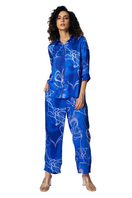 Buy_Klad_Blue Cotton Satin Printed Marble Collar Shirt And Pant Set