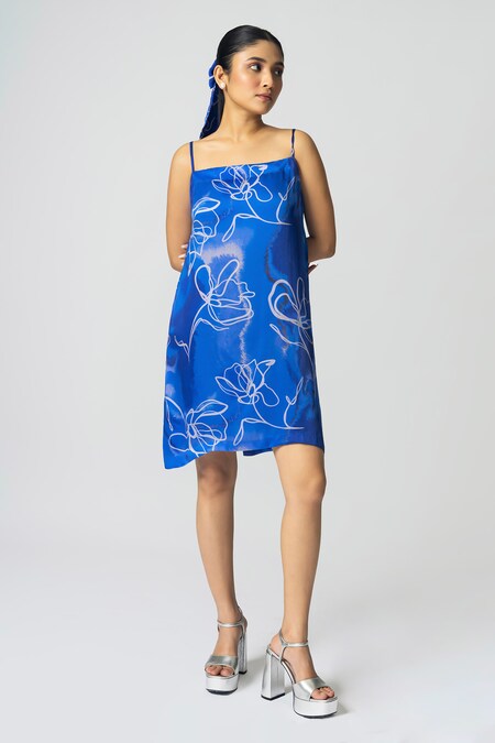 KLAD Blue Cotton Satin Printed Marble Square Neck Slip Dress 