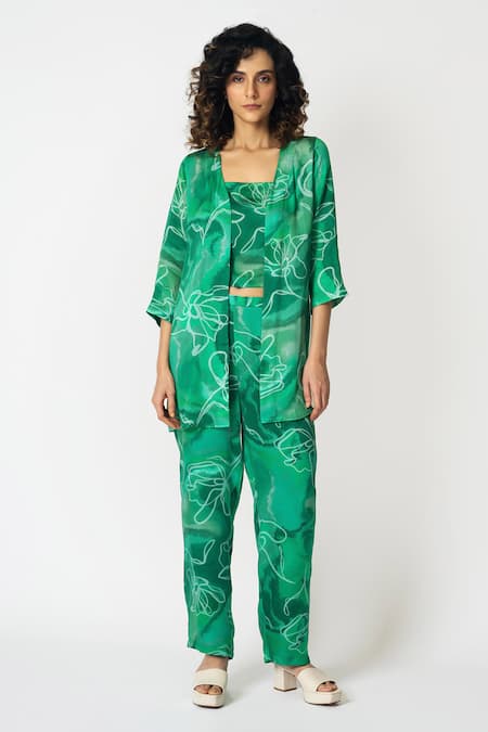 KLAD Green Cotton Satin Printed Marble Jacket Open Neck And Floral Pant Set 