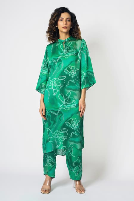 KLAD Green Cotton Satin Printed Marble Band Collar Kurta And Pant Set 