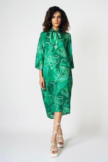 KLAD Green Cotton Satin Printed Marble Band Dress With Detachable Scarf 