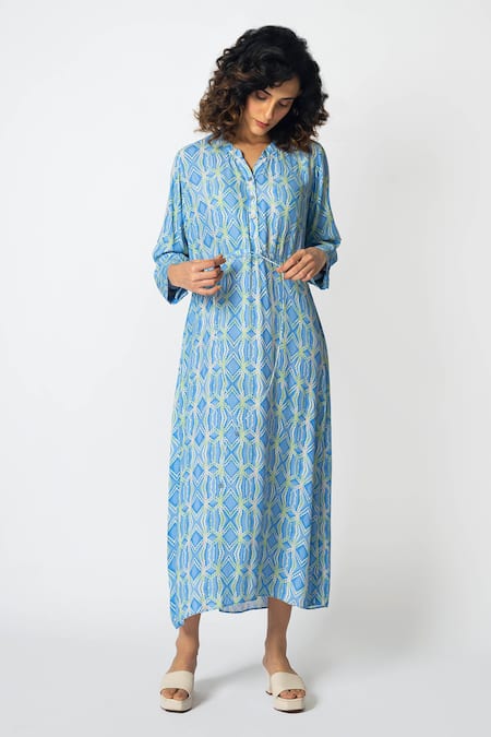 KLAD Blue Crepe Printed Rhombus Band Collar Midi Dress  2