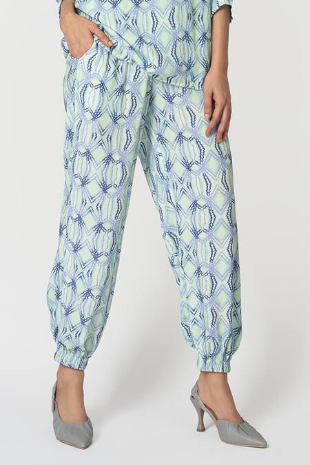 Shop Klad Green Crepe Printed Rhombus Boat Neck Top And Jogger Pant Set Online at Aza Fashions Shop_Klad_Green Crepe Printed Rhombus Boat Neck Top And Jogger Pant Set_Online_at_Aza_Fashions