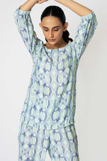 Klad Green Crepe Printed Rhombus Boat Neck Top at Aza Fashions Klad_Green Crepe Printed Rhombus Boat Neck Top_at_Aza_Fashions