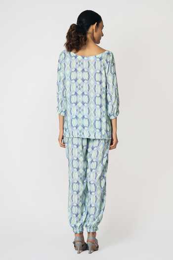 Shop Klad Green Crepe Printed Rhombus Boat Neck Top at Aza Fashions Shop_Klad_Green Crepe Printed Rhombus Boat Neck Top_at_Aza_Fashions