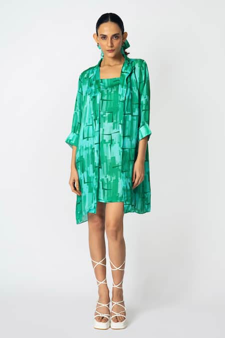 KLAD Green Cotton Satin Print Brick Square Neck Slip Dress With Jacket 