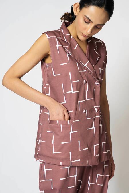 Buy Klad Pink Cotton Print Geometric Lapel Collar Vest With Pant Buy_Klad_Pink Cotton Print Geometric Lapel Collar Vest With Pant