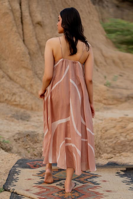 Shop_Nirjara_Pink Cotton, Silk Embroidery V-neck Stroke Hand Painted Dress _at_Aza_Fashions