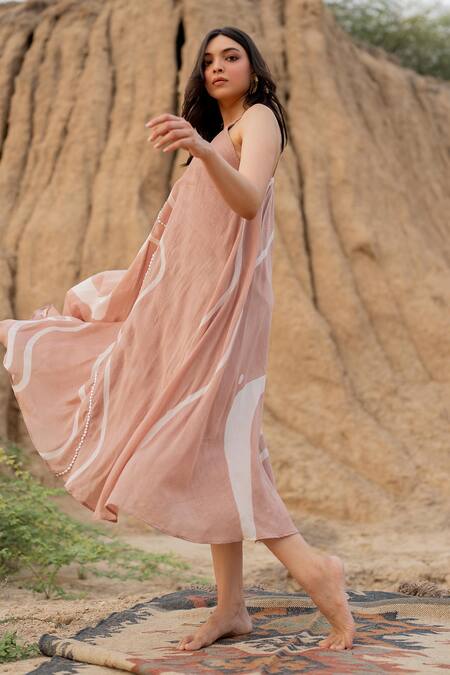 Nirjara_Pink Cotton, Silk Embroidery V-neck Stroke Hand Painted Dress _Online_at_Aza_Fashions