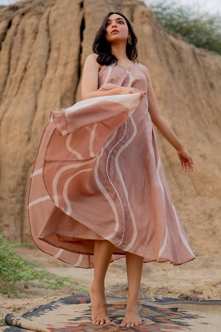 Buy_Nirjara_Pink Cotton, Silk Embroidery V-neck Stroke Hand Painted Dress _Online_at_Aza_Fashions